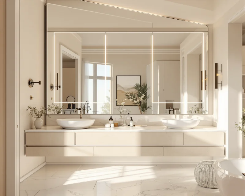 Grand miroir sur mesure dans une salle de bain lumineuse et moderne